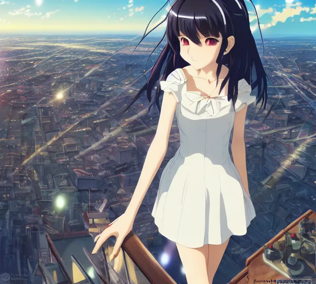 Prompt: anime visual, full body portrait of a young female sightseeing in a part above the city, beautiful face by yoh yoshinari, katsura masakazu, dramatic lighting, dynamic pose, dynamic perspective, strong silhouette, anime cels, ilya kuvshinov, cel shaded, outlined edges!!, rounded eyes, moody, detailed character