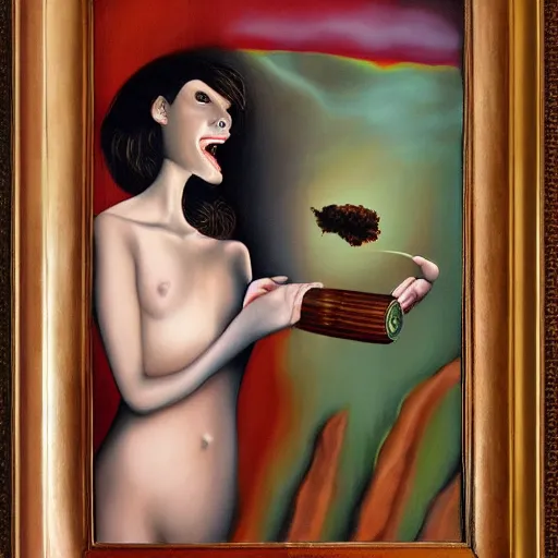 Prompt: female figure sniffing a cigar portrait painting surreal, art by Joan Selder, Surrealism