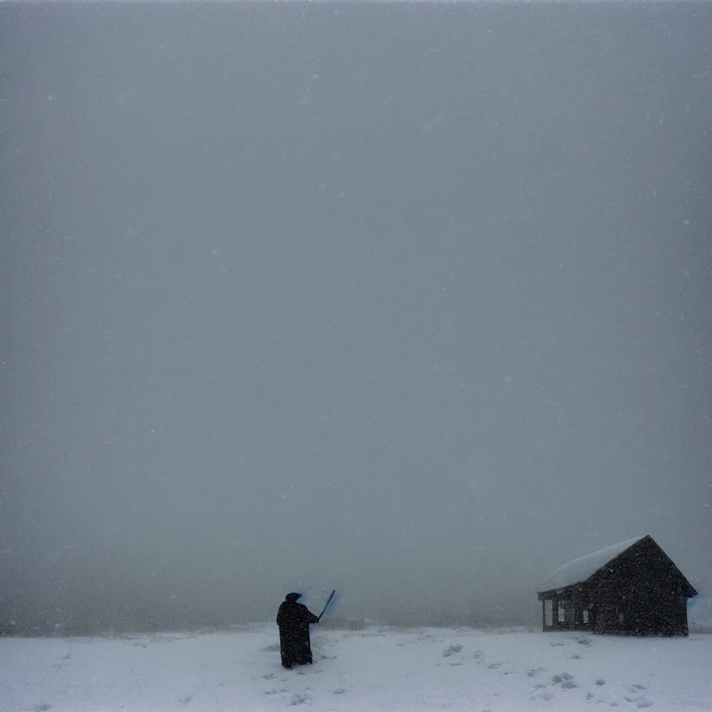 Image similar to photo of shiprock, new mexico during a snowstorm. a old man in a trench coat and a cane appears as a hazy silhouette in the distance, looking back over his shoulder. cold color temperature. blue hour morning light, snow storm. hazy atmosphere. humidity haze. kodak ektachrome, greenish expired film, award winning, low contrast,