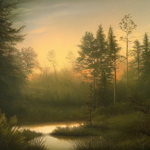 Image similar to will o'the wisp floating in the air over a clearing in the forest surrounding a swamp, evening, highly detailed, oil painting