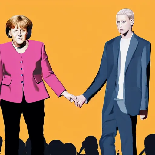 Image similar to Angela Merkel holding hands with Eminem, digital art, anime