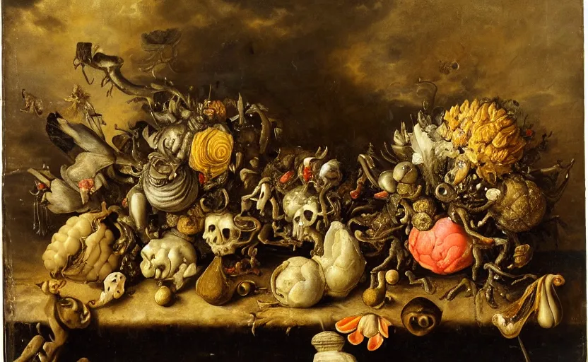 Prompt: disturbing grotesque dutch golden age vanitas still life with bizarre objects strange gooey surfaces siny metal bizarre insects rachel ruysch very detailed perfect composition rule of thirds masterpiece