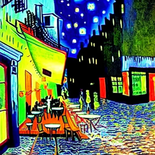 Prompt: Cyberpunk Cafe Terrace at night by Vincent Van Gogh in real life