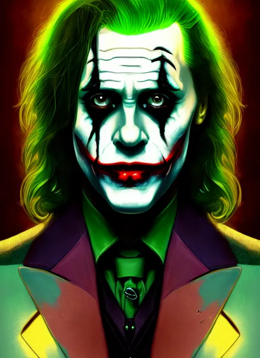 Image similar to portrait of jared leto as the joker, green hair, intricate, elegant, glowing lights, highly detailed, digital painting, artstation, concept art, sharp focus, illustration, art by wlop, mars ravelo and greg rutkowski