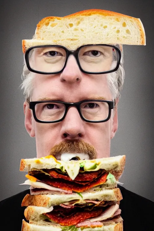 Image similar to 📷 portrait of adam savage the sandwich, food head, still image, dynamic lighting, 4 k