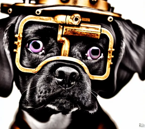 Prompt: a zeiss 8 5 mm f 1. 4 close up photo of a cute steampunk puppy shot by richard avedon