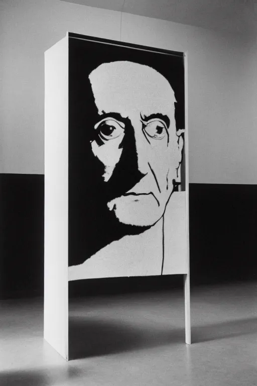 Image similar to a minimalist portrait of Marcel Duchamp connected to the machine in the style of Annie Leibovitz, Irving Penn, Hito Steyerl, Shinya Tsukamoto, Saâdane Afif, Alfredo Jaar line drawing and 35mm film, wide angle, monochrome, futuristic tetsuo