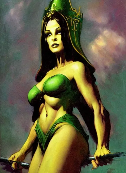 Image similar to mighty female necromancer sorceress, green tiara, strong line, deep color, beautiful! coherent! by frank frazetta, by brom, low angle