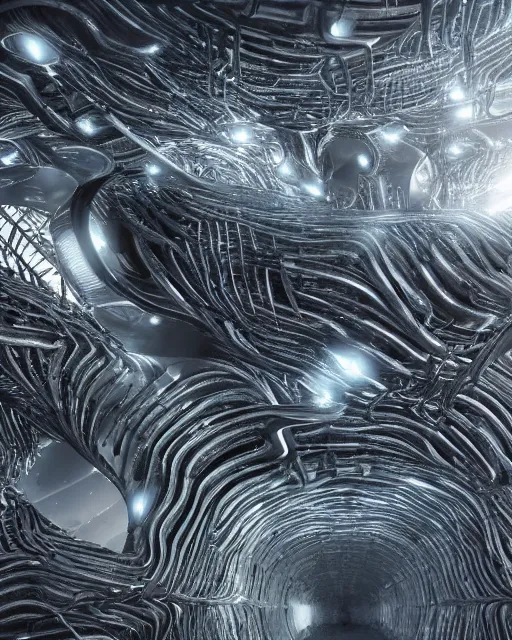 Prompt: huge organic construction with fluid metal parts floating in void hallucinating, creative VFX, no text, rendered with octane, hyper realistic, hyper detailed, surreal, futuristic, 8k