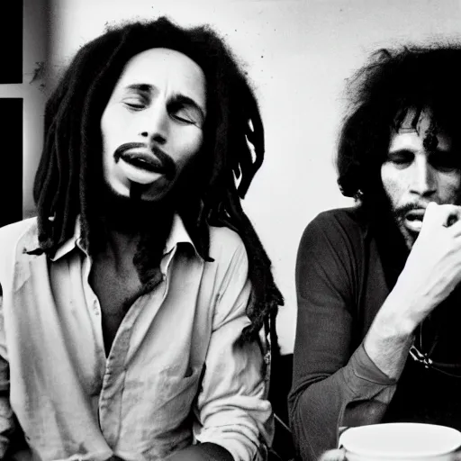 Image similar to photography of bob Marley smoking with Jim Morrison