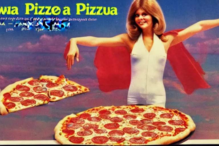 Image similar to 70s, angels, pizza, advertisement