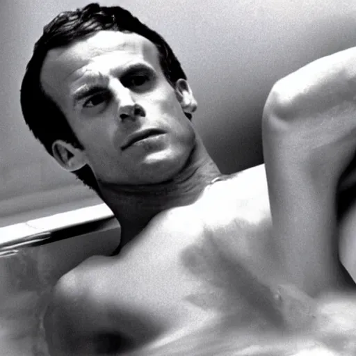 Prompt: Emmanuel macron taking a bath in American Psycho (1999), blur on his body