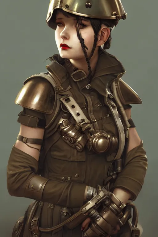 Image similar to dieselpunk soldier girl, helmet, shoulders, chest, portrait, armored, highly detailed, sharp focus, art, illustrations by wlop and ayanamikodon and irakli nadar and loish and rossdraws