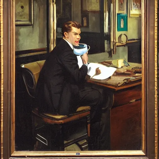 Image similar to man in desk with coffee and black suit by leyendecker and dean cornwell, 5 feet distance from the camera, house of mirrors