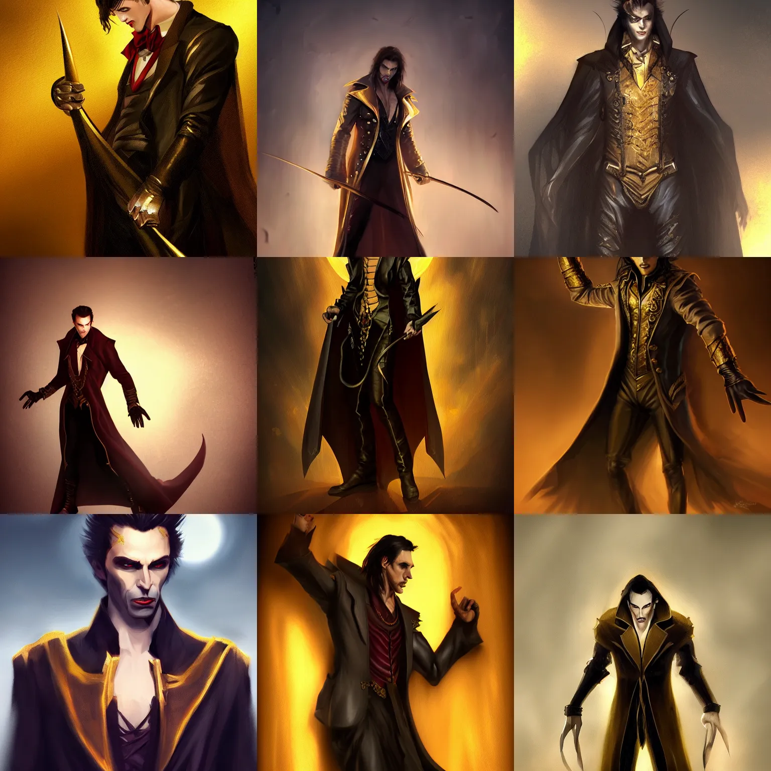 Prompt: male vampire in dark golden noble clothes in a dramatic pose, realistic painting, artstation, cinematic, full body shot, dramatic lighting
