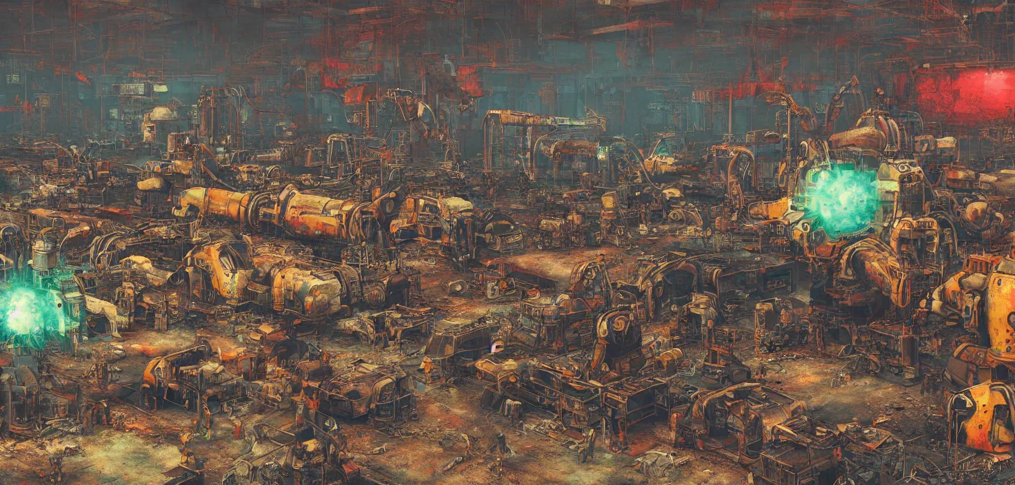 Image similar to industrial robot wasteland, fallout 4, colorful but morbid painting, soft edges