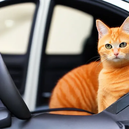 Image similar to an orange tabby cat driving a car