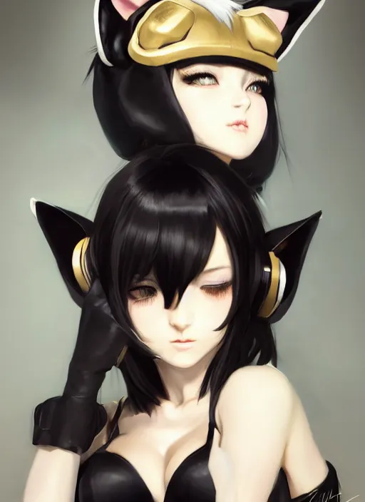 Prompt: tifa lockhart portrait, pale black and gold silk robe and decollete bra, wearing cat ears, listening to music, art by artgerm, wlop, loish, ilya kuvshinov, 8 k realistic, hyperdetailed, beautiful lighting, detailed background, depth of field, symmetrical face, frostbite 3 engine, cryengine,