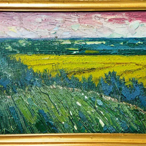 Image similar to oil paint impasto relief, beautiful evening view of an oilseed field, evening, multi layered thick brush marks, some splattered paint, in the style of ivan shishkin and frank auerbach and van gogh