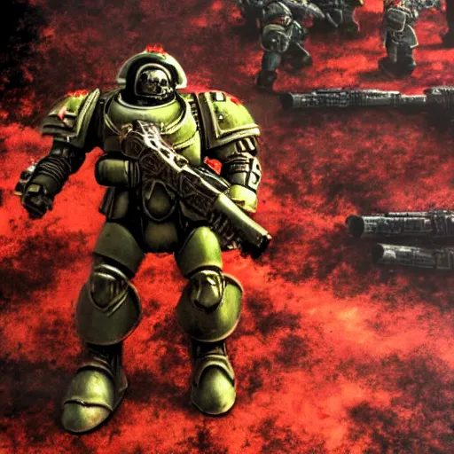 Image similar to heavy armor soldier wearing space marine like armor but in real life, walking in a river of blood full of human bloody dead bodies and human parts, shooting with his gun, explosions in background, painting style