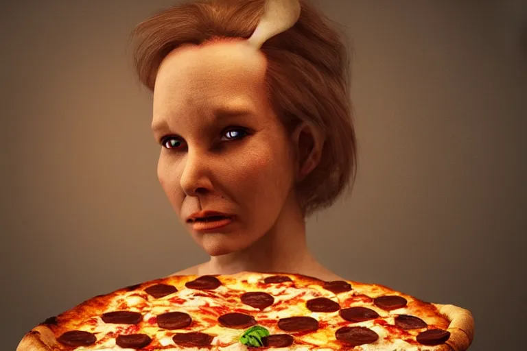 Image similar to evil woman made of pizza, photorealistic, cinematic lighting, beatiful house