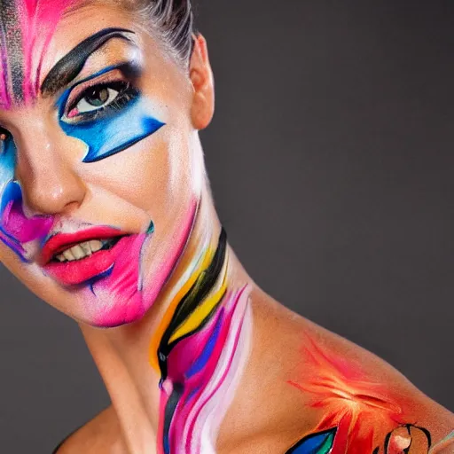 Prompt: portrait photograph of sports illustrated body painting with studio lighting, centerfold, 8k resolution