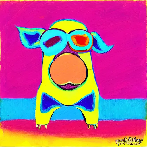 Prompt: pig wearing a simple gold in the style of peter max