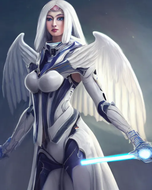 Prompt: perfect white haired attractive egyptian goddess with huge white dove wings holding a light saber, warframe armor, beautiful, symmetric, dreamy, half asian, pretty face, blue eyes, detailed, scifi platform, laboratory, experiment, 4 k, ultra realistic, epic lighting, android body, illuminated, cinematic, masterpiece, art by akihito tsukushi, voidstar