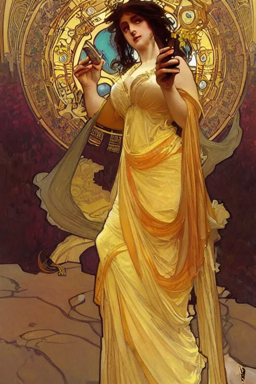 Image similar to A goddess wearing golden clothes, holding a phone, fantasy, painting by greg rutkowski and alphonse mucha