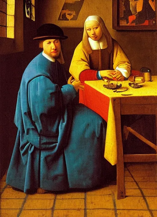 Image similar to young man at the table with young pretty blonde girl at the crowded tavern in the evening. medieval painting by jan van eyck, johannes vermeer