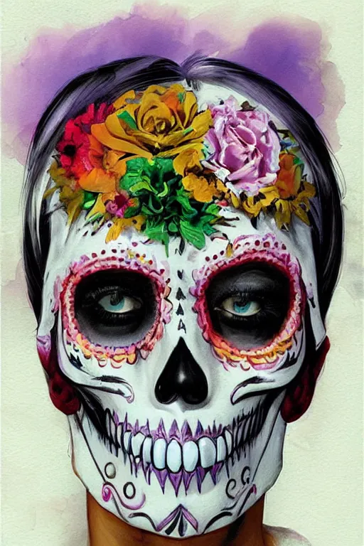 Image similar to Illustration of a sugar skull day of the dead girl, art by John Berkey