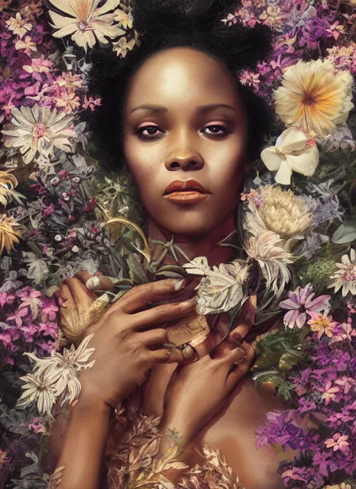 Image similar to portrait of the african queen of the underworld, surrounded by flowers by karol bak, james jean, tom bagshaw, rococo, sharp focus, trending on artstation, cinematic lighting, hyper realism, octane render, 8 k, hyper detailed.