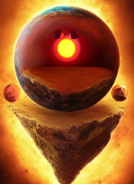 Image similar to earth with a pacman face eating mars, au naturel, hyper detailed, digital art, trending in artstation, cinematic lighting, studio quality, smooth render, unreal engine 5 rendered, octane rendered, art style by klimt and nixeu and ian sprigger and wlop and krenz cushart.