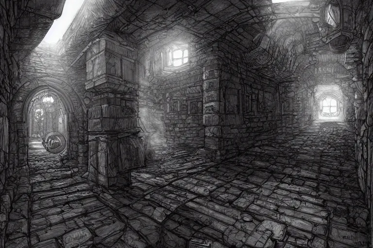 Prompt: black and white one point perspective dungeon cozy fantasy dungeon hallway view with pit in the middle of the ground by artgerm and Craig Mullins, James Jean, Andrey Ryabovichev, Mark Simonetti and Peter Morbacher 16k