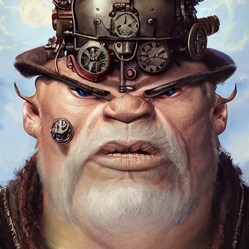 Image similar to a portrait of a steampunk half ogre half man, cinematic lightning, d & d, fantasy, highly detailed, digital painting, sharp focus, illustration, art by artgerm and greg rutkowski and magali villeneuve