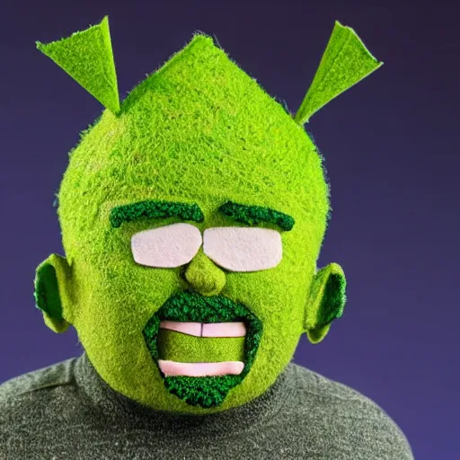 Prompt: studio portrait still of!!!! grasshead toy!!!! shaped as danny devito!!! with grass grows on head, touches his green grass head, highly detailed, accurate, symmetrical, studio lighting, key light