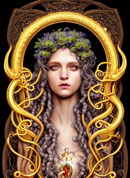 Image similar to professionally-painted ultradetailed ornate RPG award winning masterpiece illustration of beautiful symmetrical Medusa radiating glowing aura, fully clothed with an art nouveau flowery dress, digital airbrush painting, 3d rim light, hyperrealistic, artstation, cgsociety, kodakchrome, golden ratio