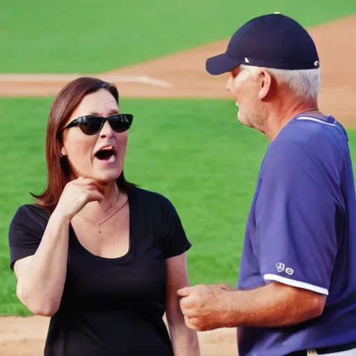 Prompt: a middle aged couple arguing at a baseball game.