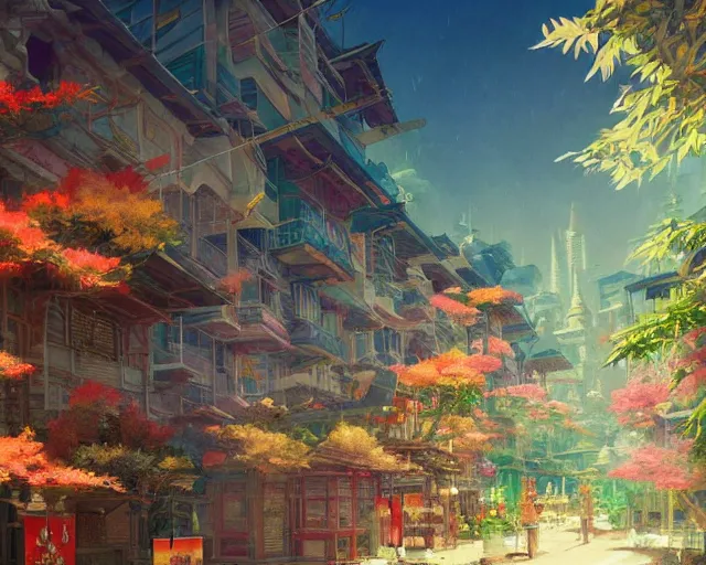 Image similar to great, colorful kitsune city, bamboo, flowers, anime, a fantasy digital painting by Greg Rutkowski and James Gurney, trending on Artstation, highly detailed