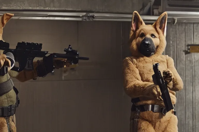 Prompt: film still of furry anthro anthropomorphic german shepard head animal person fursona wearing clothes standing holding a gun in a garage in an action movie 2020, 4k