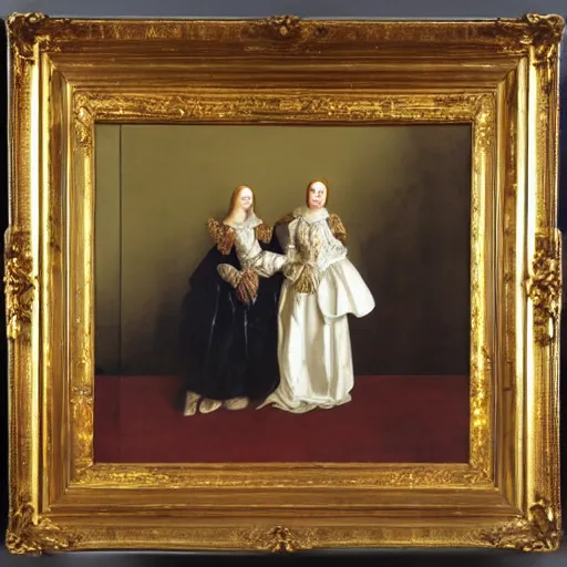 Image similar to oil portrait. two women in a vast castle lobby wearing fine clothes. dark room with light coming through the right side of the place. baroque style 1 6 5 6. high quality painting, no distortion on subject faces.