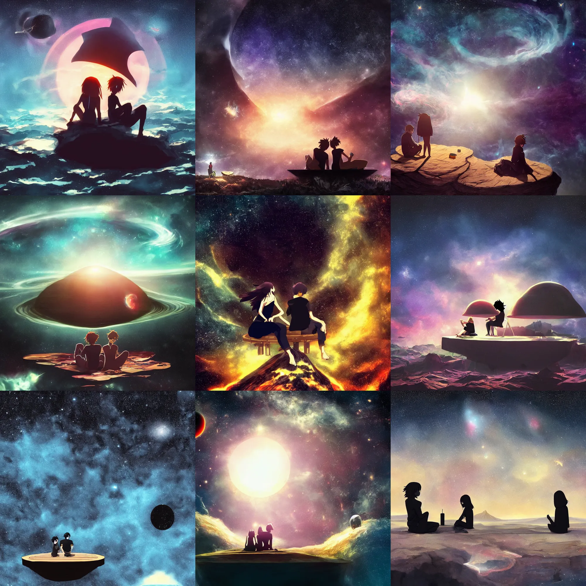 Prompt: black contrast dark vibrant style two people stuck on a very tiny floating island overlooking a centered supermassive black hole vast space infinite void nebula stars makoto shinkai ecretion disc picnic table