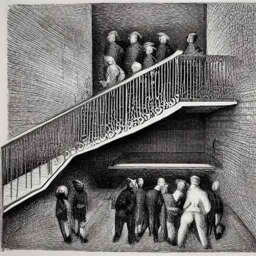 Prompt: a photocopy of a lost lithograph by mc escher after the style of goya's etchings