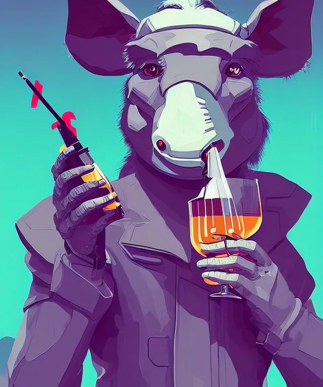 Prompt: a portrait of an anthropomorphic donkey holding a martini, cyberpunk!, fantasy, elegant, digital painting, artstation, concept art, matte, sharp focus, illustration, art by josan gonzalez