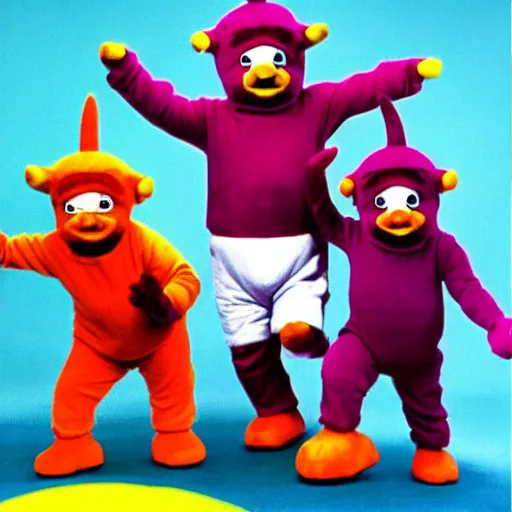 Image similar to Mike Tyson street fighting gang of teletubbies, 1980s children's show aesthetic