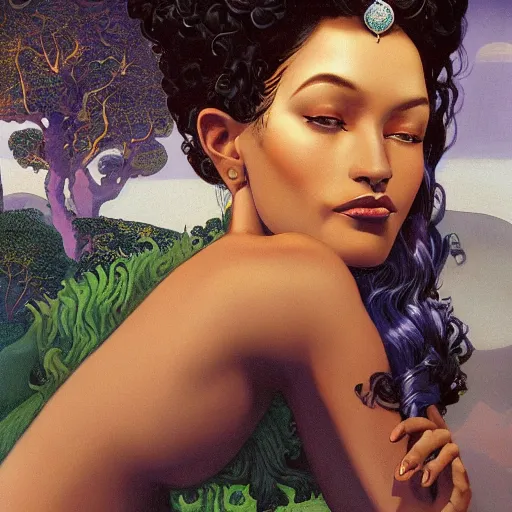 Image similar to a oil painting of a fair skin with dark curly stylised hair queen wearing dress, by hans emmenegger, by bruce pennington, by eyvind earle, by nicholas roerich, by georgia o keeffe, highly detailed, realistic, concept art, jewels, tiles curtains, oriental, desaturated