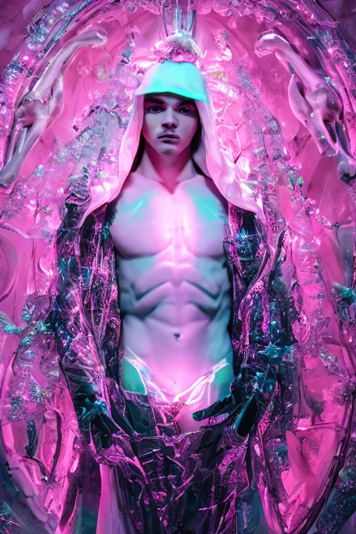 Image similar to photo of fullbody rococo and cyberpunk delicate neon crystalline sculpture of seductive muscular onyx albino marble prince liam payne as an mint iridescent humanoid deity wearing pink plastic hooded cloak holding an onyx skull in a onyx space dungeon, reclining, glowing yellow face, crown of white diamonds, cinematic lighting, photorealistic, octane render 8 k depth of field 3 d