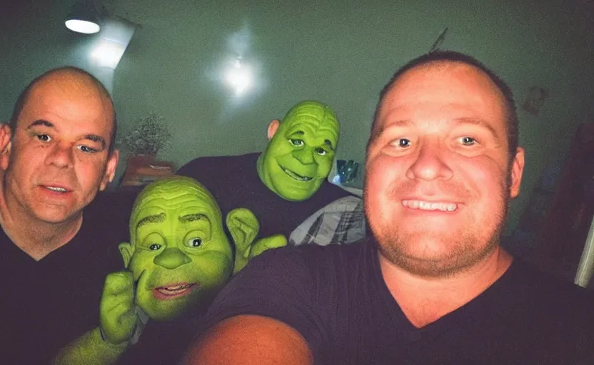 Image similar to my uncle that look like shrek if he was real accidentally taking a selfie, front camera, camera flash is so bright in his face, viral, selfie, viral on twitter, viral on instagram, viral photo