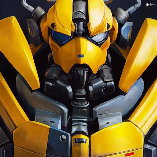 Image similar to greg manchess portrait painting of bumblebee the transformer as overwatch character, medium shot, asymmetrical, profile picture, organic painting, sunny day, matte painting, bold shapes, hard edges, street art, trending on artstation, by huang guangjian, gil elvgren, ruan jia, greg rutkowski, gaston bussiere