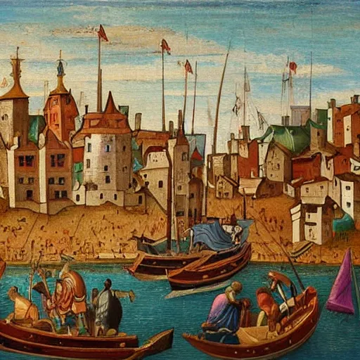 Prompt: large medieval harbor painting